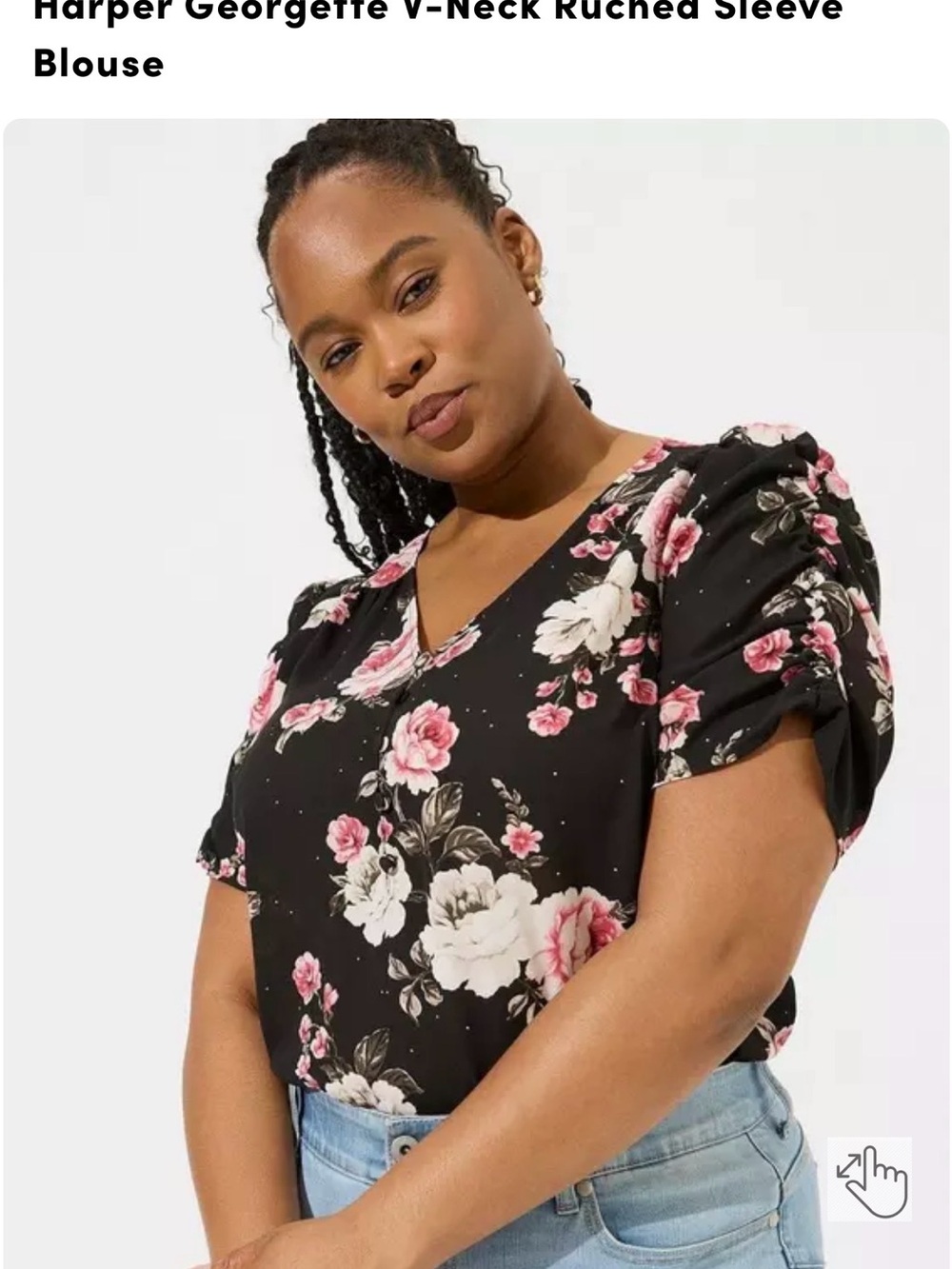 torrid Black Floral V-Neck Ruched Sleeve Blouse